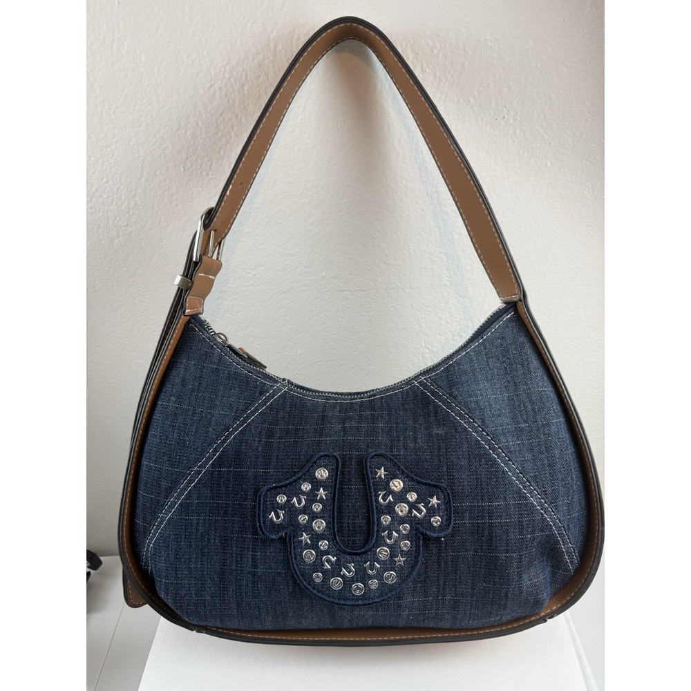 True‎ Religion Dark Denim Signature Horseshoe Logo Studded Crystal Shoulder Bag